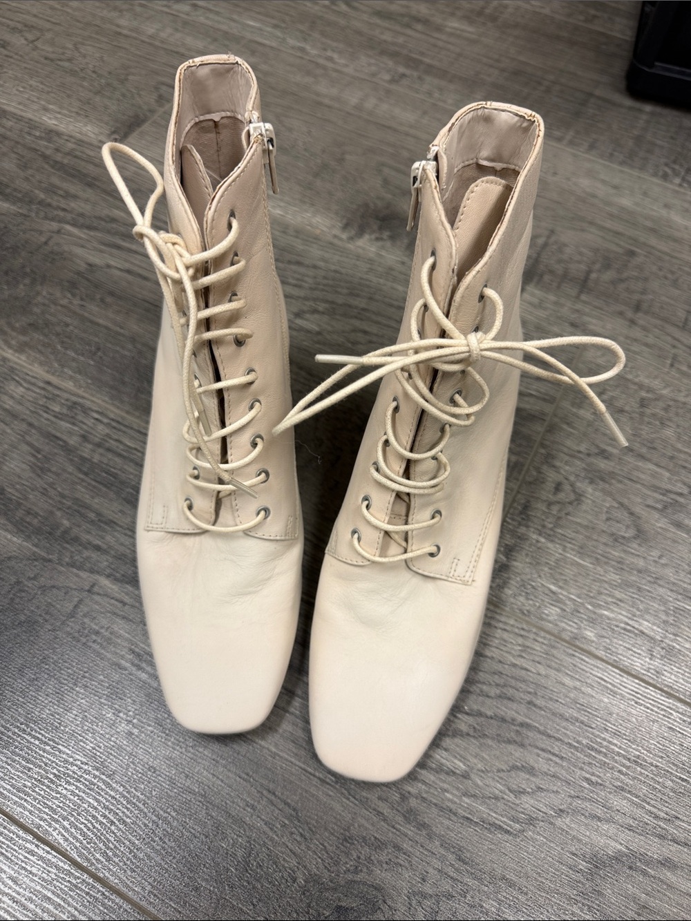 Women's real leather Lace-Up Square Toe Ankle Boots in Cream
